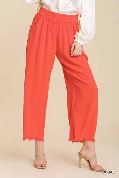 Umgee Wide Leg Pant with Elastic Waist, Pockets, and Frayed Hem