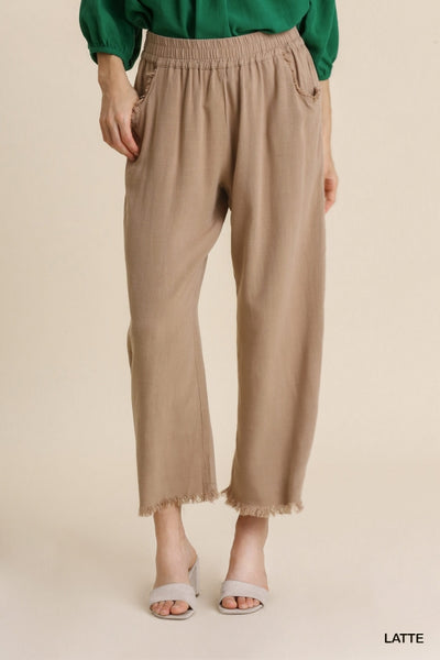 Umgee Wide Leg Pant with Elastic Waist, Pockets, and Frayed Hem