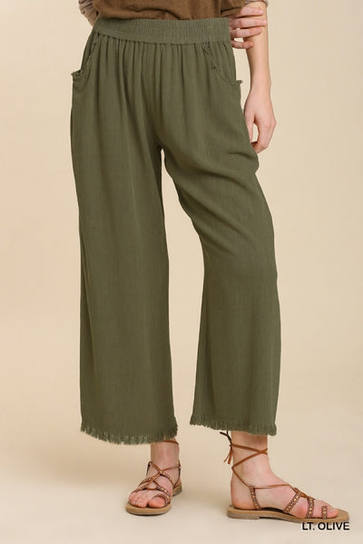 Umgee Wide Leg Pant with Elastic Waist, Pockets, and Frayed Hem