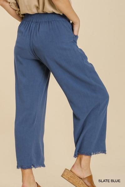 Umgee Wide Leg Pant with Elastic Waist, Pockets, and Frayed Hem