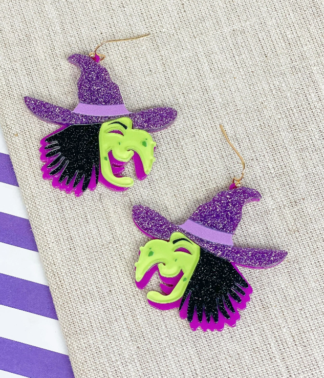 Purple Acrylic Glitter Witch Dangle Earrings