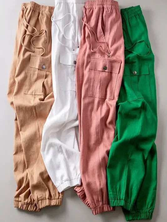 Linen Drawstring Cargo Jogger Pants